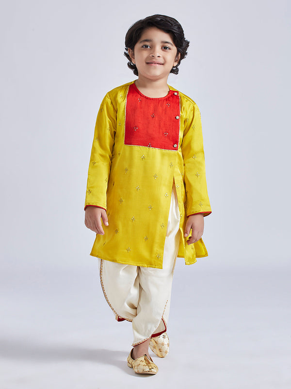 Jashvi Infant Boys' Yellow And Cream Silk Blend Kurta and Dhoti Set