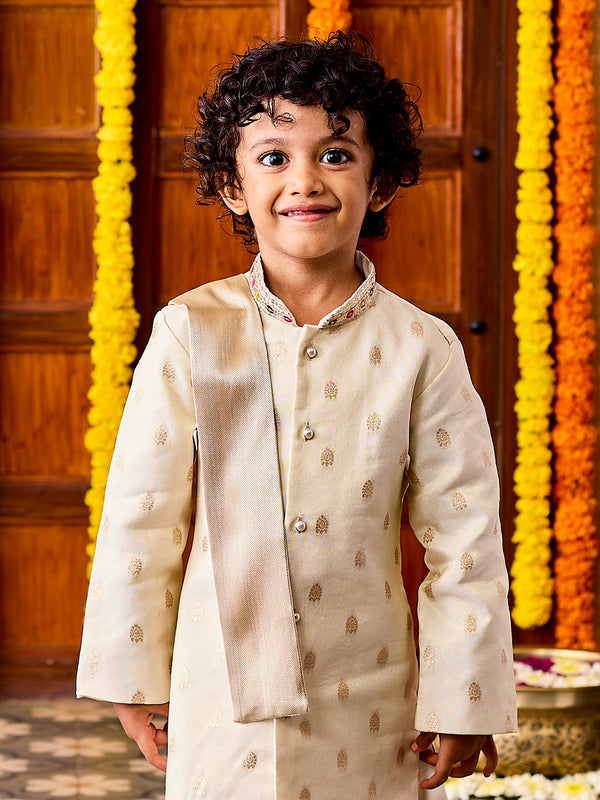 Jashvi Infant Boys' Cream Viscose Blend Sherwani and Dhoti Set