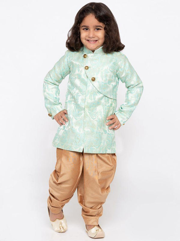 Jashvi Boys' Light Green Cotton Silk Sherwani and Churidar Set