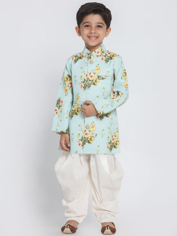 Jashvi Boys' Light Green Cotton Silk Sherwani and Dhoti Set