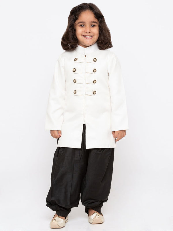 Jashvi Boys' White Cotton Silk Sherwani and Dhoti Set