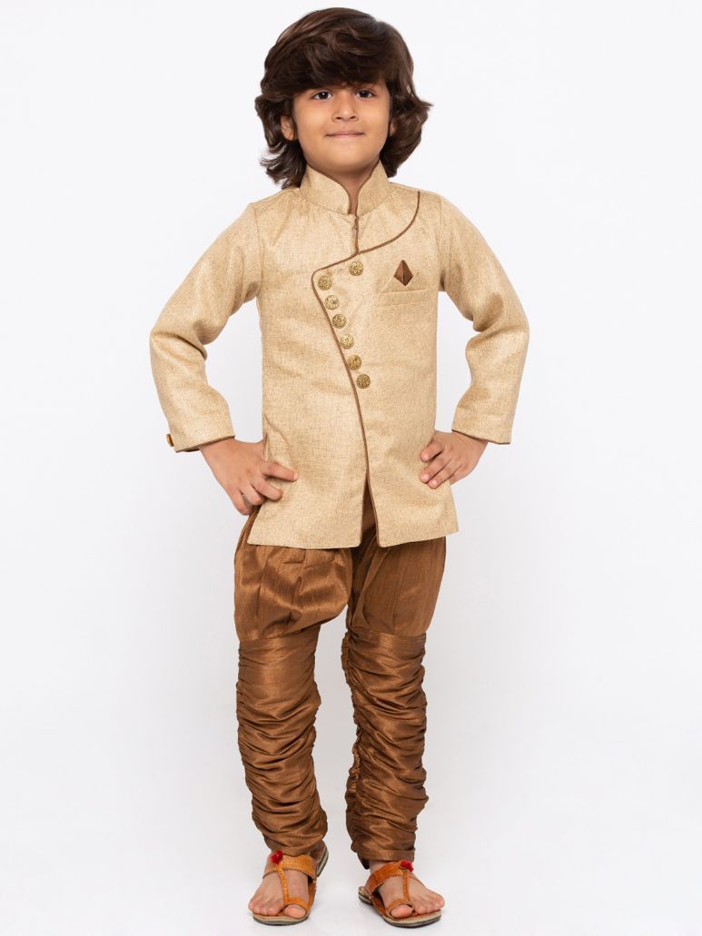 Boys' Brown Cotton Silk Sherwani and Churidar Set