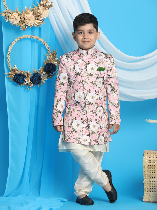 Jashvi Boys' Multicolored-Base-Pink Indowestern Set