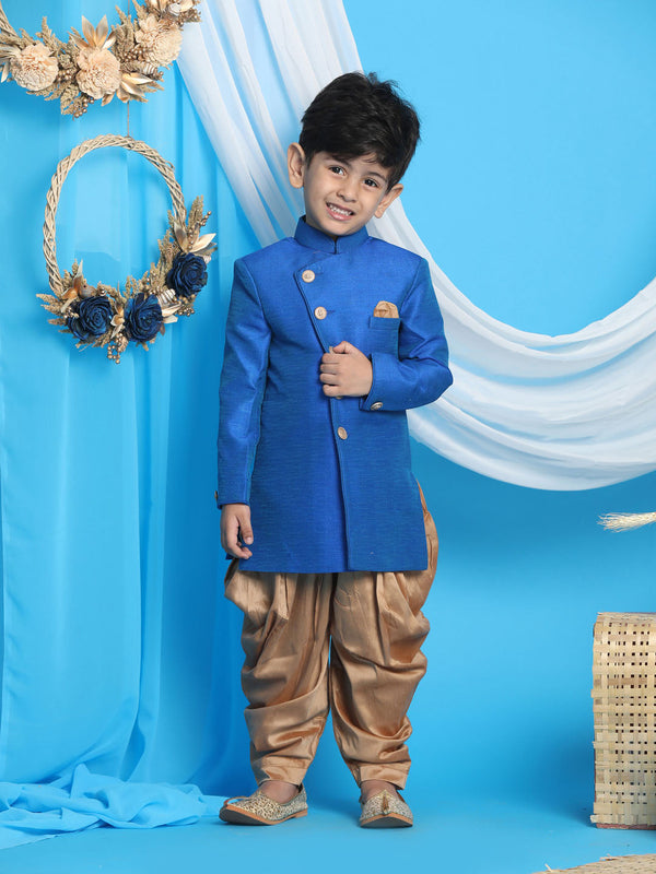 Jashvi Boys Royal Blue And Rose Gold Indowestern Set