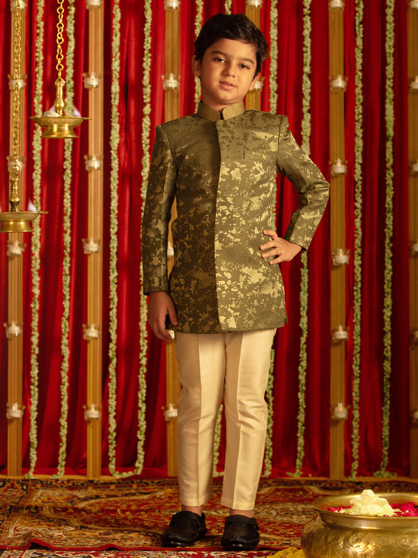 Jashvi Boys' Green Velvet Indo With Cream Pant Set