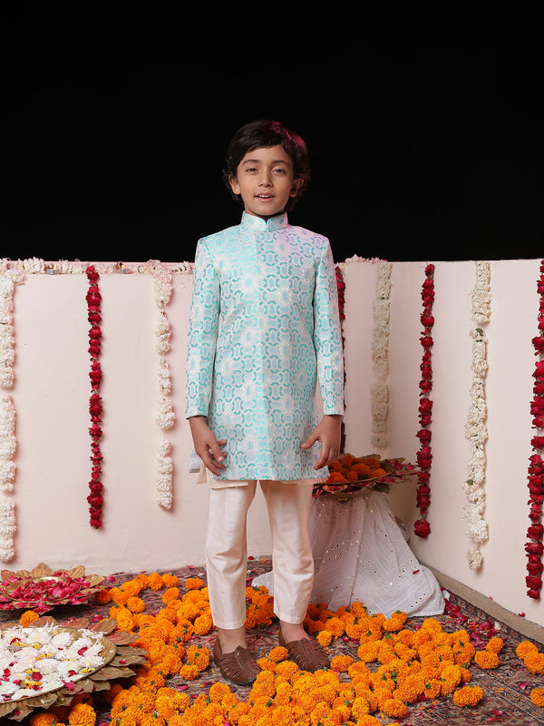 Jashvi Boys' Blue Jacquard Sherwani Set