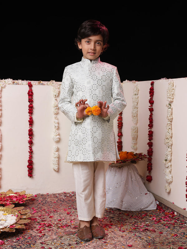 Jashvi Boys' Grey Jacquard Sherwani Set