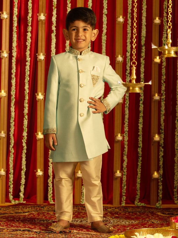 Jashvi Boys' Aqua Silk Blend Solid Sherwani Set