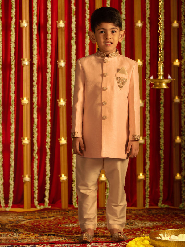 Jashvi Boys' Pink Silk Sblend Solid Sherwani Set