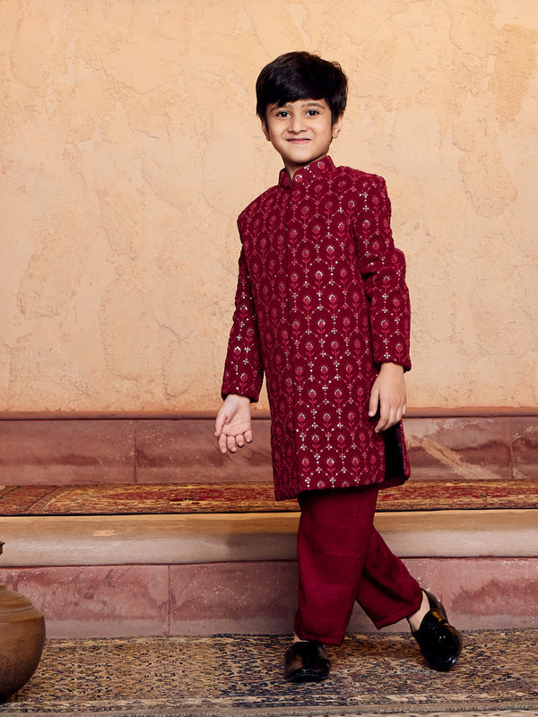 Jashvi Boys' Maroon Georgette Embroidered Indo Western Set