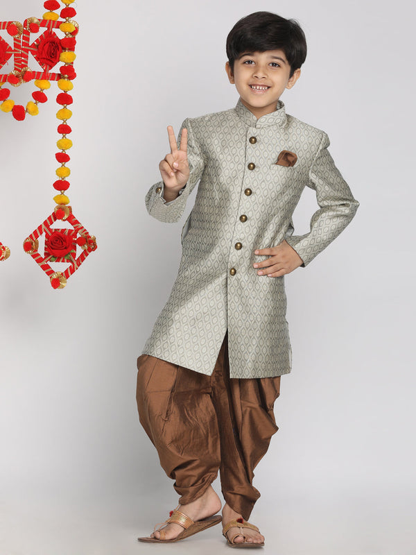 Jashvi Boys Grey Indo Western Jacquard Sherwani and Dhoti Pant Set