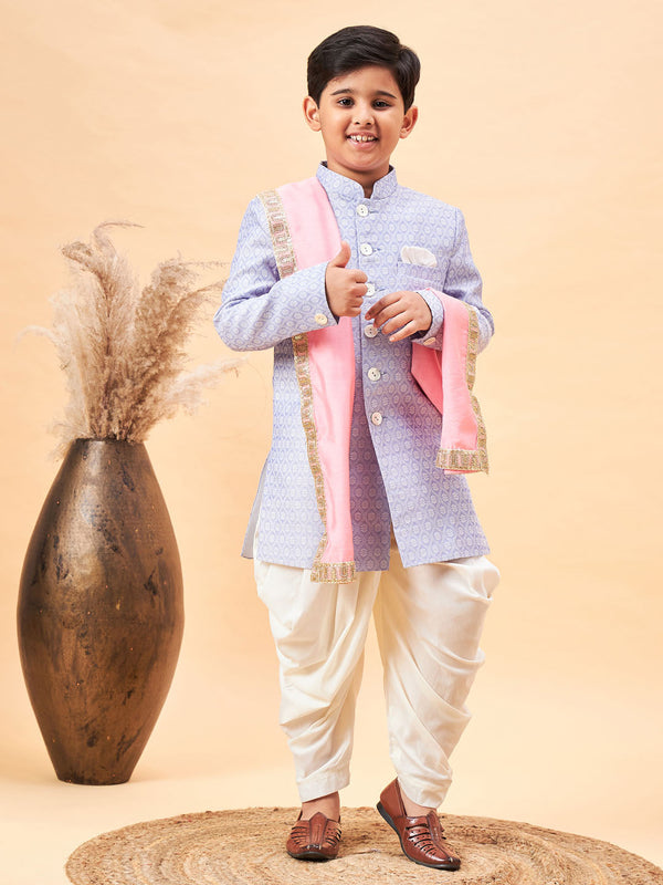 Jashvi Boys Lavender Indo Western Jacquard Sherwani and Dhoti Pant Set Come With Pinjk Dupatta