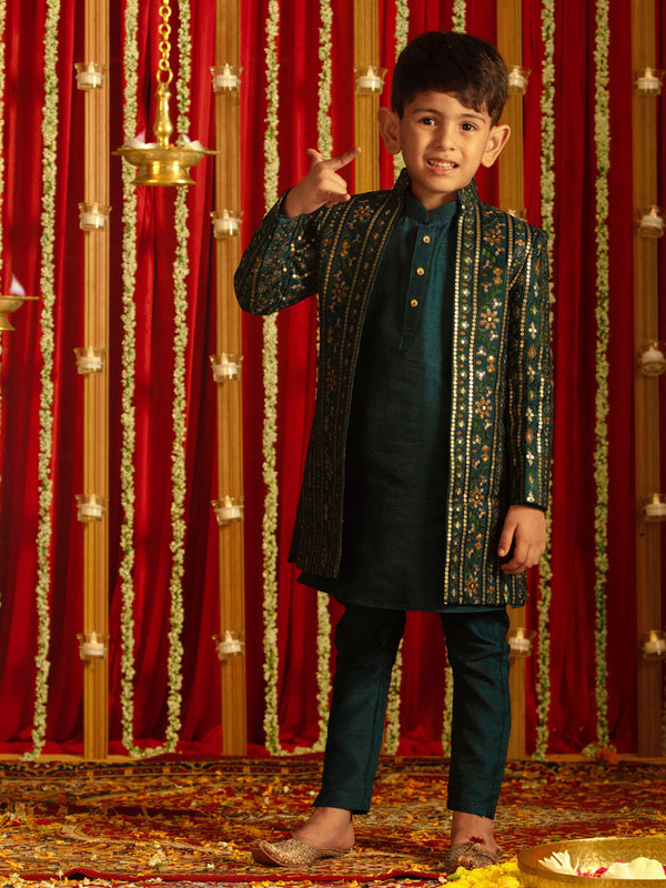 Jashvi Boys' Turquoise Blue Flapped Embroidered Sherwani Set