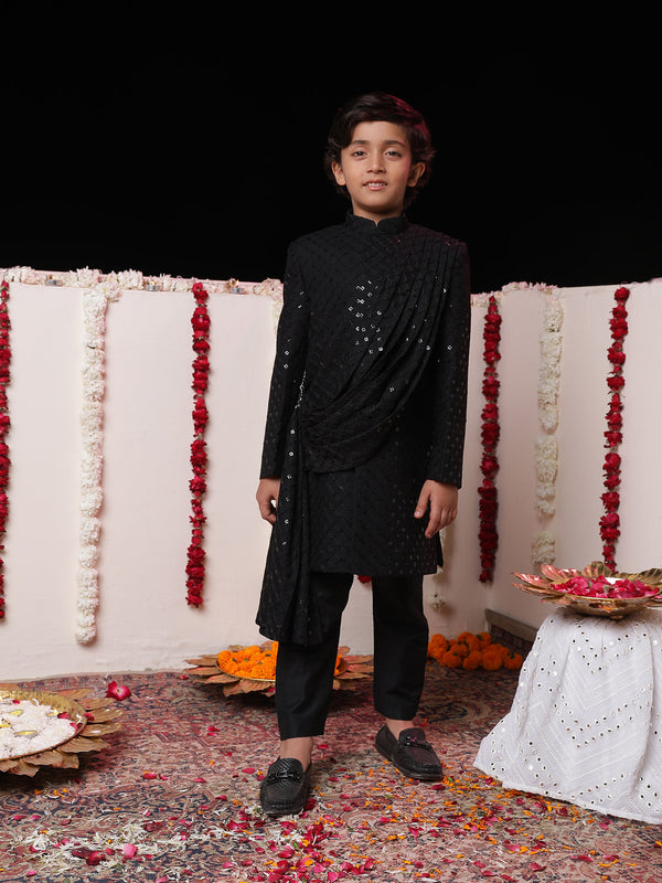 Jashvi Boys' Black Pleated Embroidered Sherwani Set