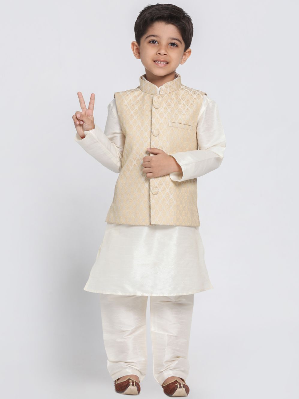 Boys' Beige Cotton Silk Blend Kurta, Waistcoat and Pyjama Set