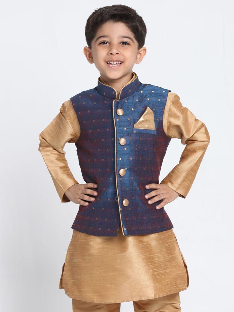 Boys' Deep Blue Cotton Silk Blend Nehru Jacket