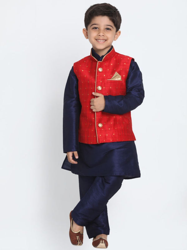 Boys' Maroon Cotton Silk Blend Kurta, Waistcoat and Pyjama Set