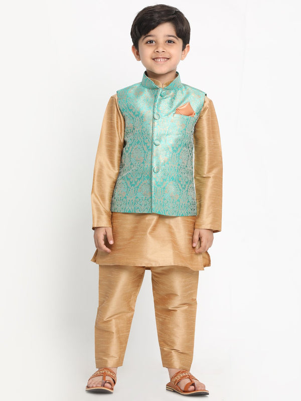 Jashvi Boys Green Silk Blend Kurta, Ethnic Jacket and Pyjama Set