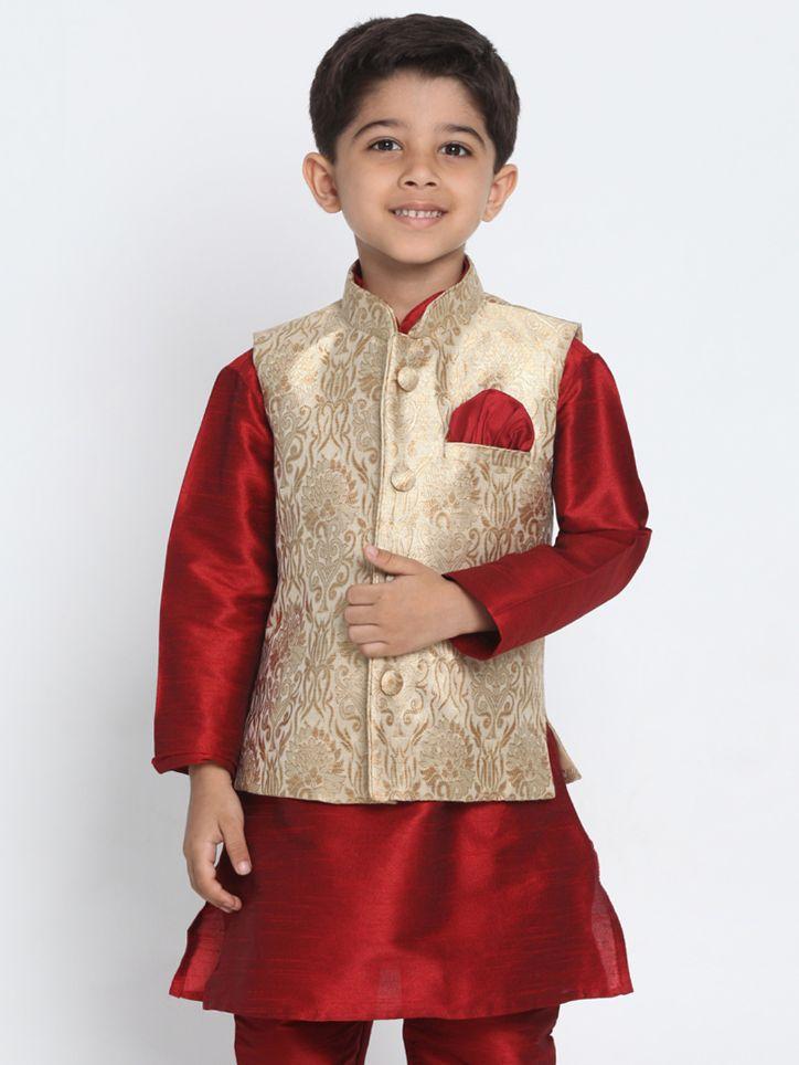 Boys' Gold Cotton Silk Blend Nehru Jacket