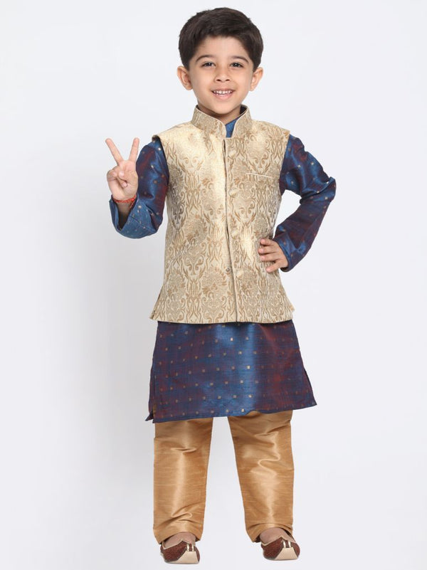 Boys' Gold Cotton Silk Blend Kurta, Waistcoat and Pyjama Set