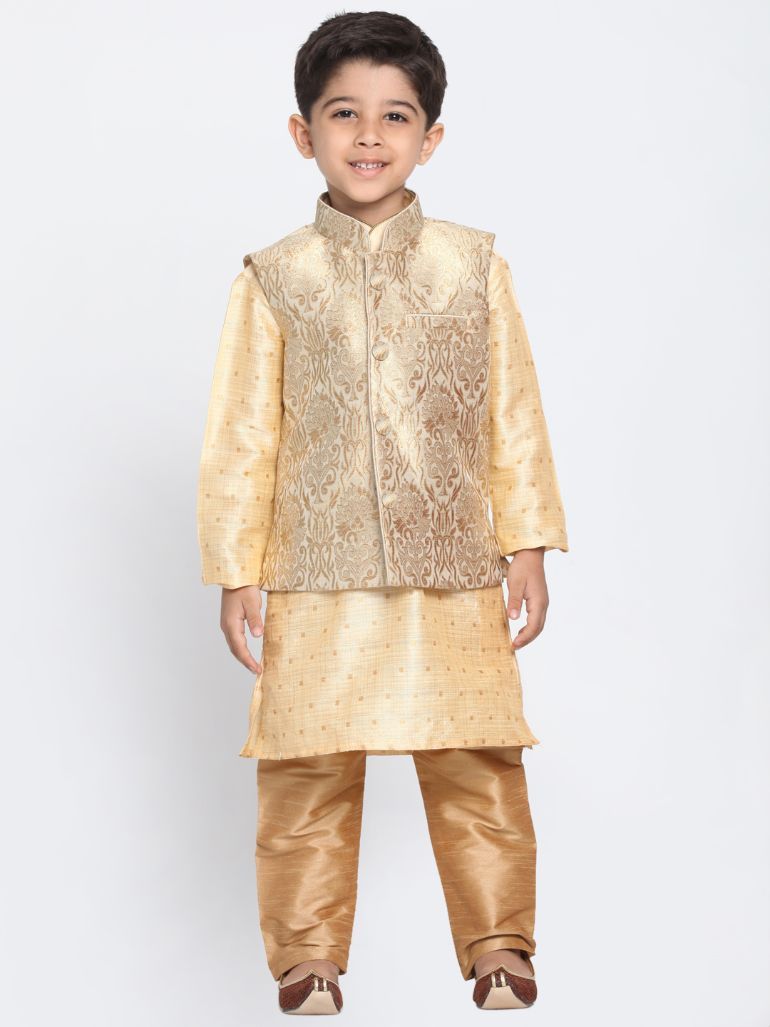 Boys' Gold Cotton Silk Blend Kurta, Waistcoat and Pyjama Set