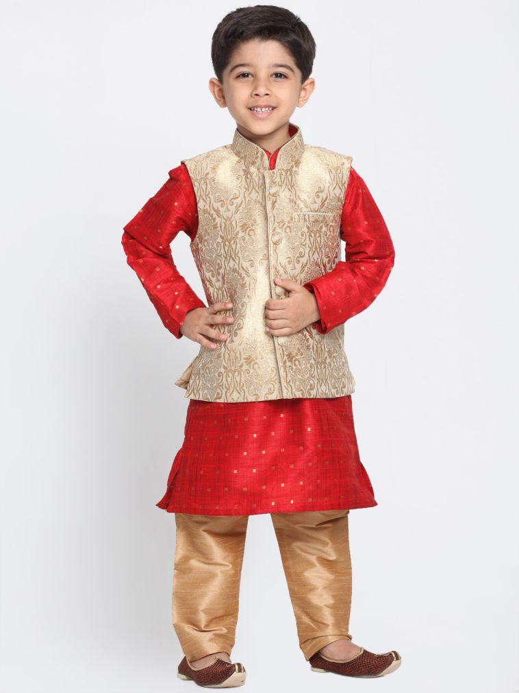 Boys' Gold Cotton Silk Blend Kurta, Waistcoat and Pyjama Set