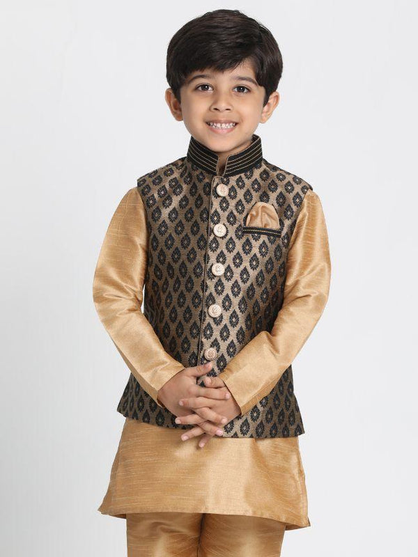 Boys' Black Cotton Silk Blend Nehru Jacket