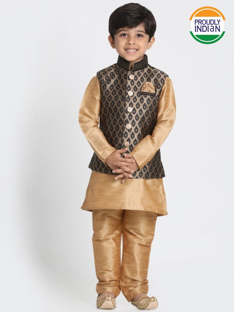 Cotton Silk Blend Kurta Pyjama Set for Boys with Nehru Jacket - Vastramay Boys