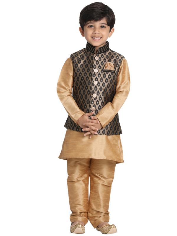 Jashvi Boys' Gold Cotton Silk Blend Kurta, Waistcoat and Pyjama Set