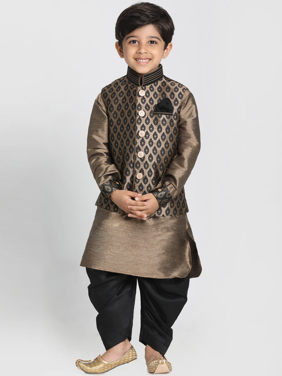 Boy's Black And Gold Silk Blend Jacket, Kurta And Dhoti Set - JBN Creation