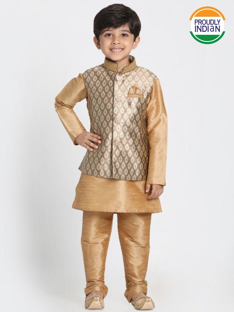 Cotton Silk Blend Kurta Pyjama Set for Boys with Nehru Jacket - Vastramay Boys