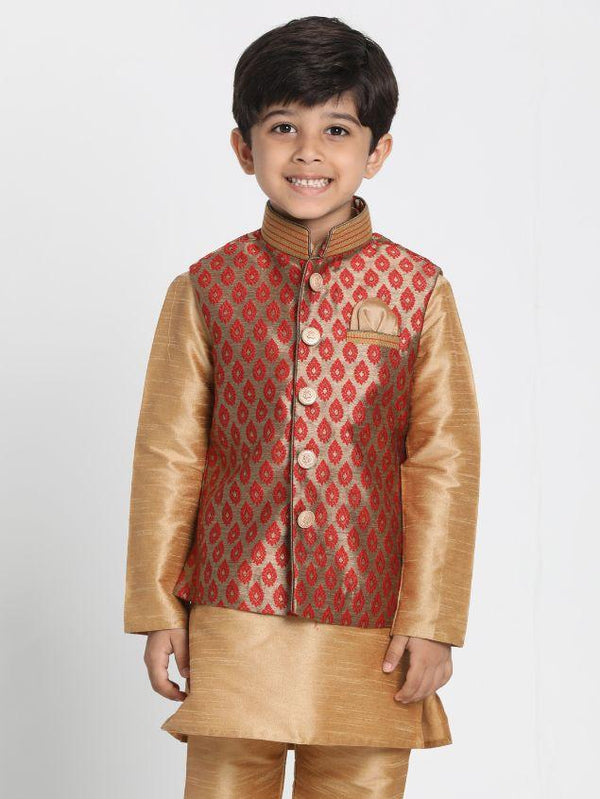 Boys' Maroon Cotton Silk Blend Nehru Jacket