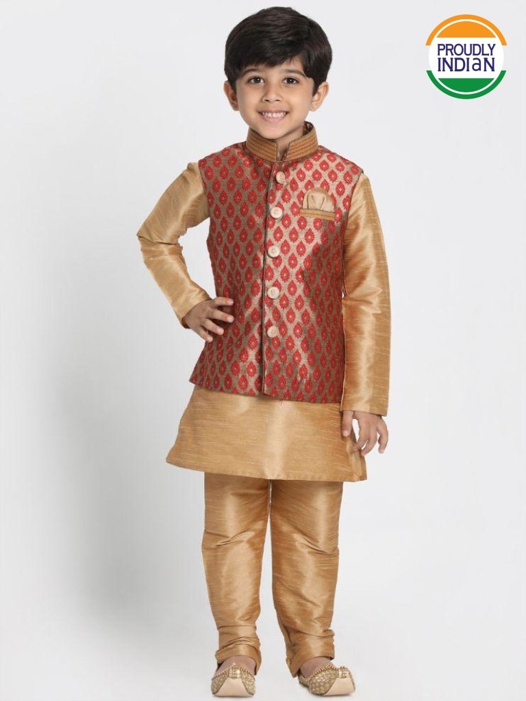 Cotton Silk Blend Kurta Pyjama Set for Boys with Nehru Jacket - Vastramay Boys