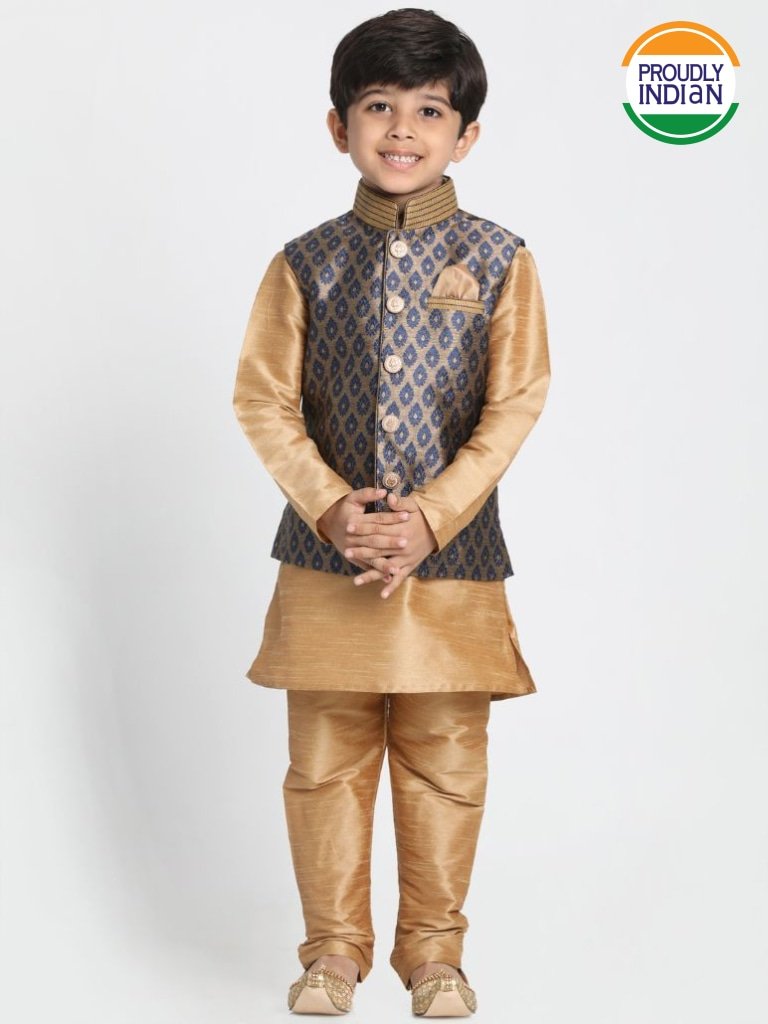 Cotton Silk Blend Kurta Pyjama Set for Boys with Nehru Jacket - Vastramay Boys