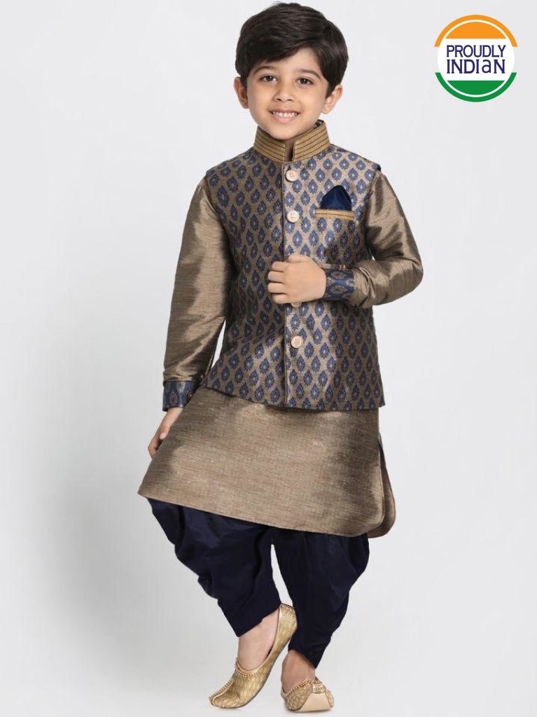 Boys' Gold Cotton Silk Blend Ethnic Jacket, Kurta and Dhoti Pant Set