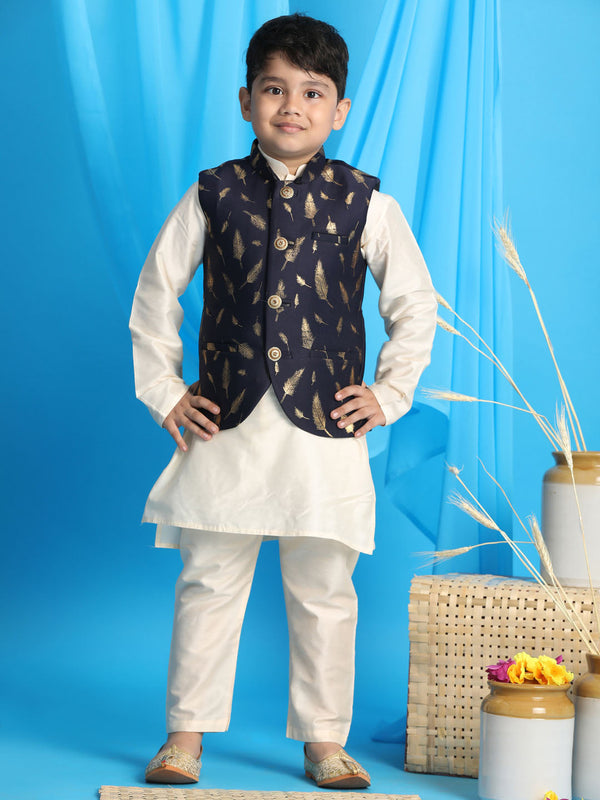 Jashvi Boy's Navy Blue Golden Printed Jacket With Cream Kurta Pyjama set