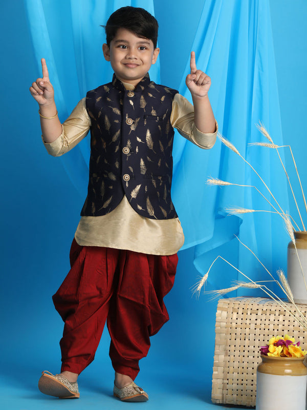 Jashvi Boy's Navy Blue Golden Printed Nehru Jacket With Gold Kurta And Maroon Dhoti Set