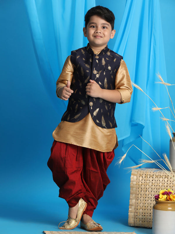 Jashvi Boy's Navy Blue Golden Printed Nehru Jacket With Rose Gold Kurta And Maroon Dhoti Set