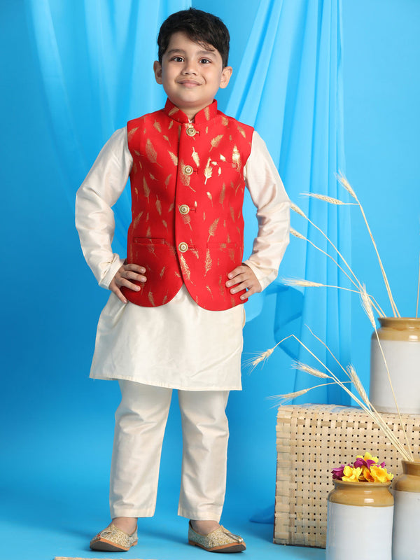 Jashvi Boy's Red Golden Printed Jacket With Cream Kurta Pyjama set