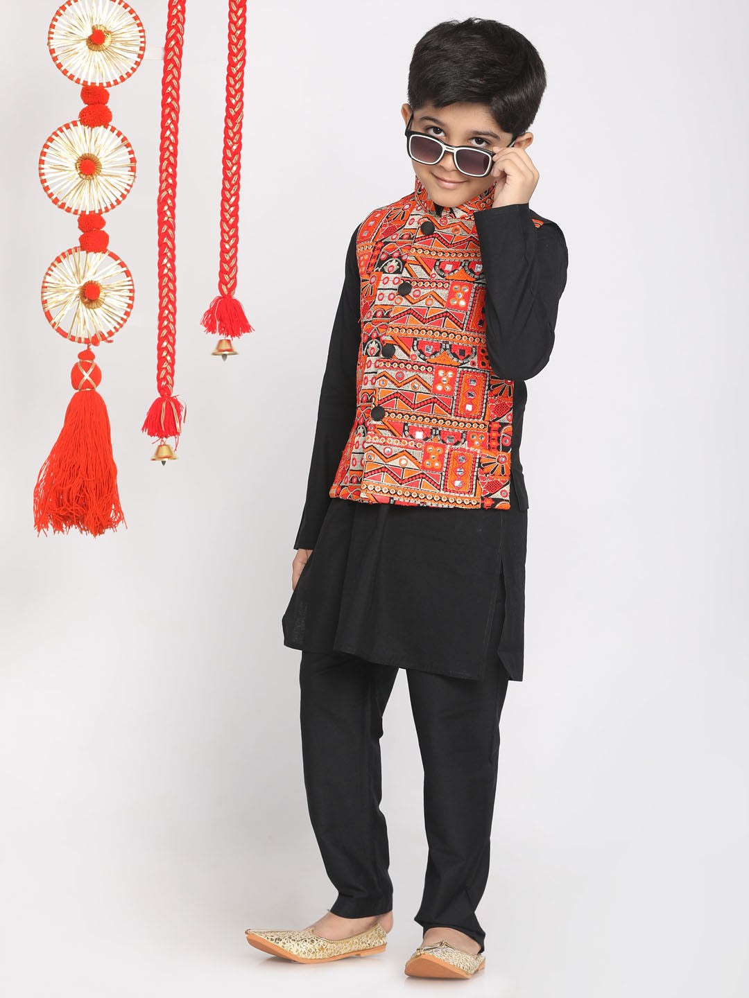 Boy's Orange And Black Jacket, Kurta And Pyjama Set - Vastramay Boys