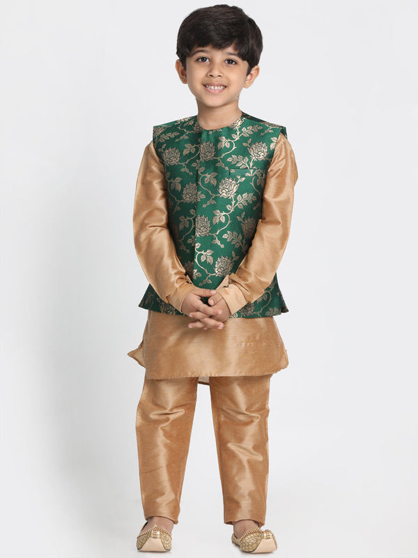 Jashvi Boys' Gold Cotton Silk Blend Kurta, Nehru Jacket and Pyjama Set