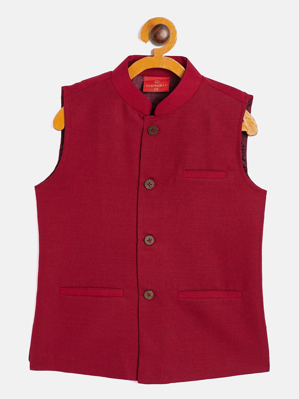 Jashvi Boys' Maroon Cotton Blend Slim Fit Nehru Jacket