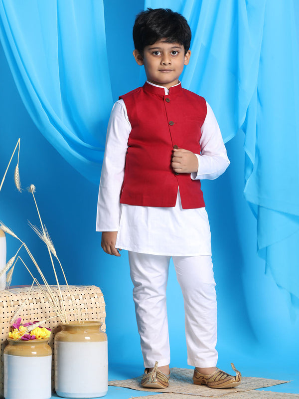 Jashvi Boy's Maroon Solid Nehru Jacket With White Kurta Pyjama set