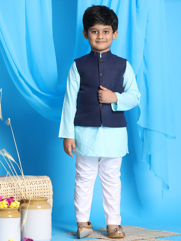 Jashvi Boy's Navy Blue Solid Jacket With Aqua Blue Kurta and White Pyjama Set