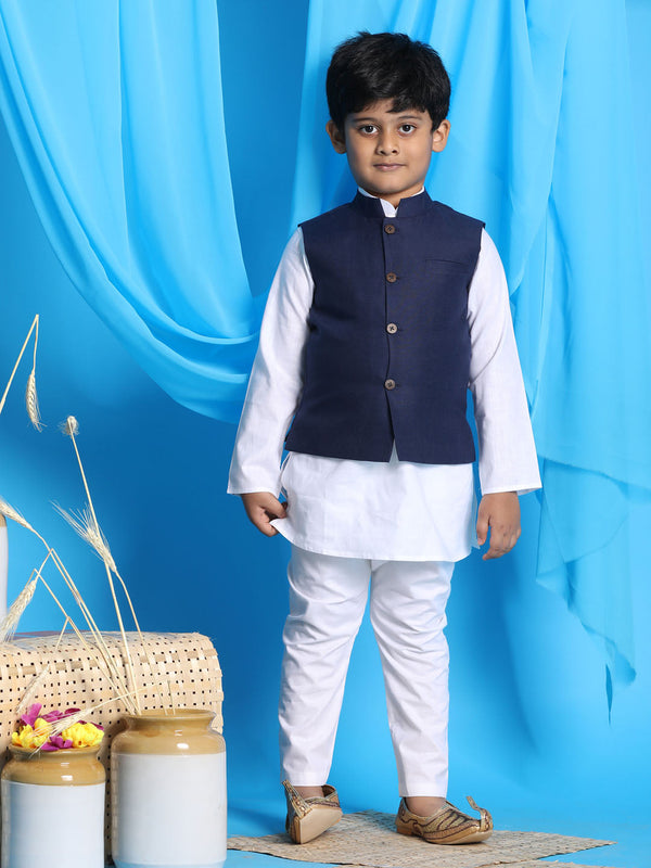 Jashvi Boy's Navy Blue Solid Nehru Jacket With White Kurta Pyjama set