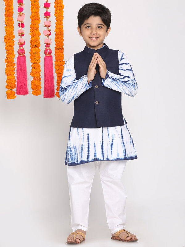 Jashvi Boys Navy Blue Dyed Regular Pure Cotton Kurta with Pyjamas & Nehru Jacket