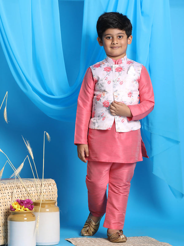 Jashvi Boy's Peach Floral Print Jacket With Pink Kurta and Pyjama Set