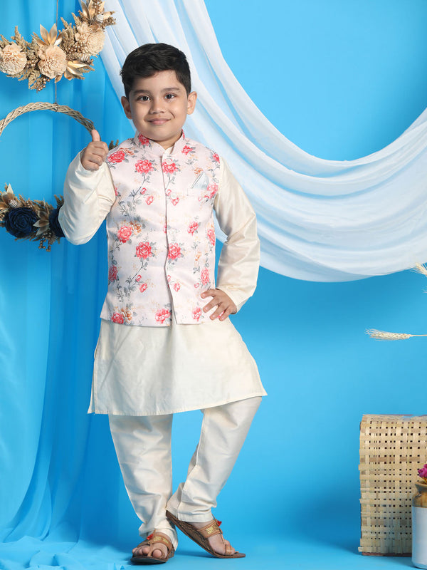 Jashvi Boys Peach Floral Printed Nehru Jacket With Cream Color Kurta And Pyjama Set