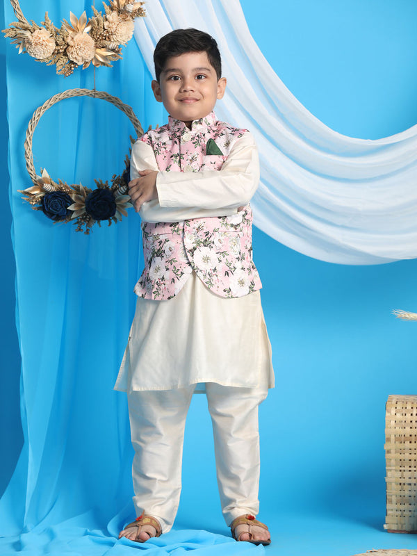 Jashvi Boys Pink Floral Printed Nehru Jacket With Cream Color Kurta And Pyjama Set