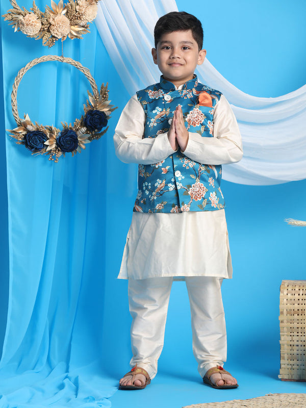 Jashvi Boys Turquoise Blue & Green Printed Nehru Jacket With Cream Color Kurta And Pyjama Set